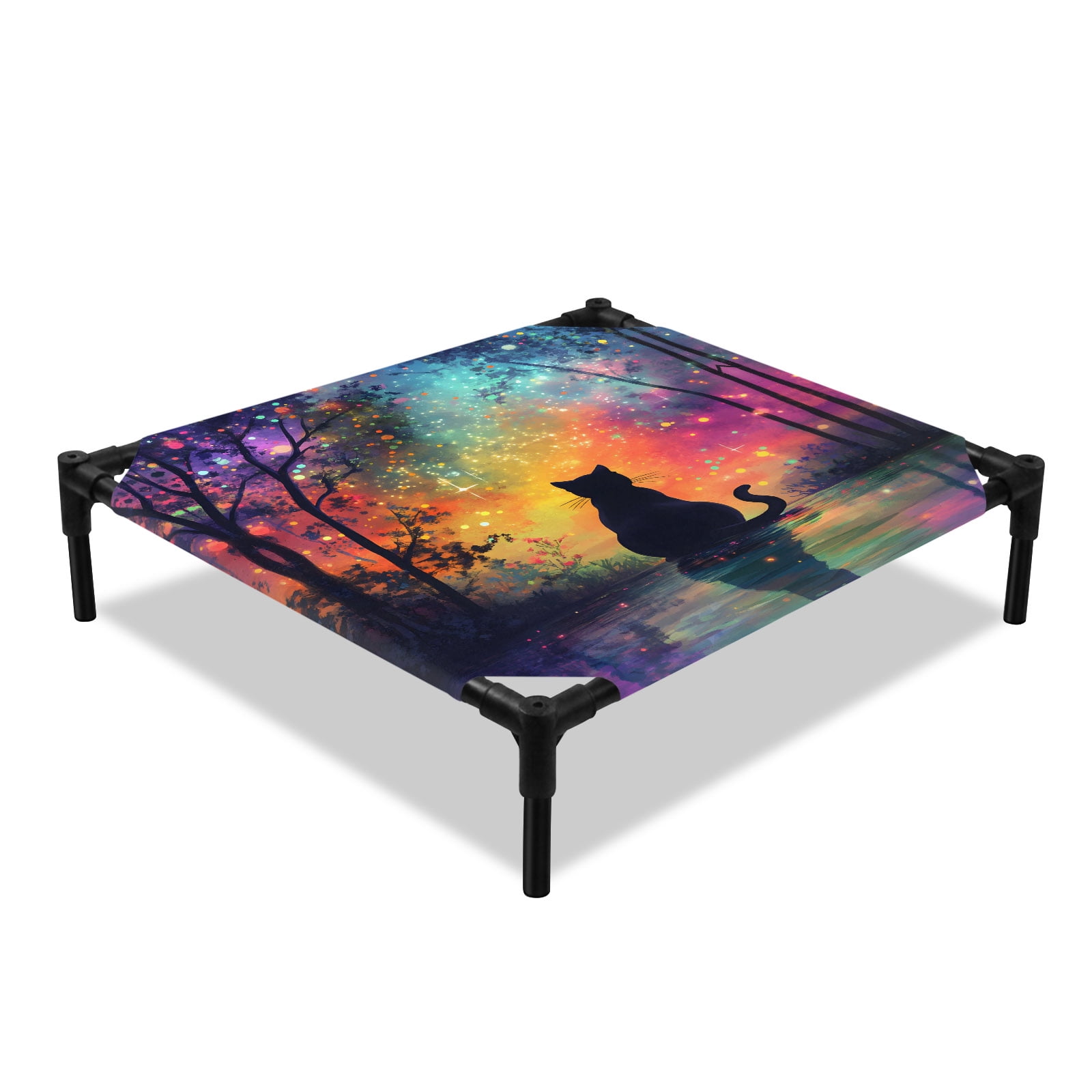 Black Cat Silhouette Elevated Dog Bed, Starry Night Enchanted Forest Fantasy Cooling Breathable Outdoor Raised Dog Cot Bed with Metal Frame Non-Slip Feet for Small Dog 20x20in