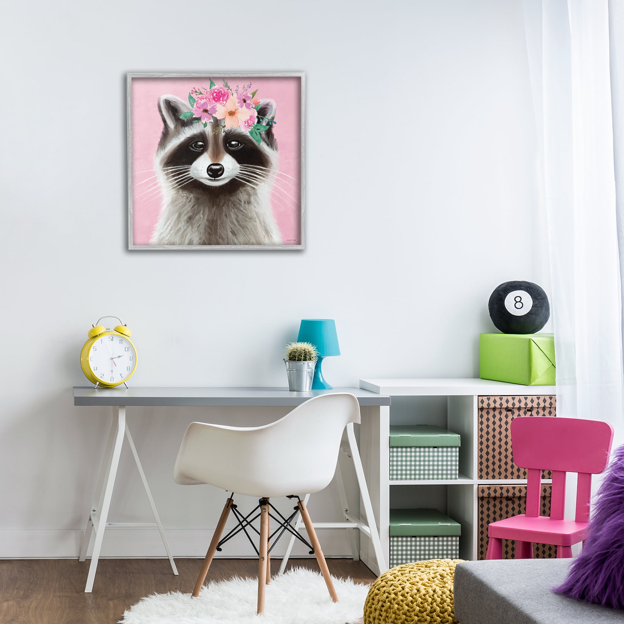 Stupell Industries Pink Florals Raccoon Animals & Insects Painting Gray Framed Art Print Wall Art, 24 x 24