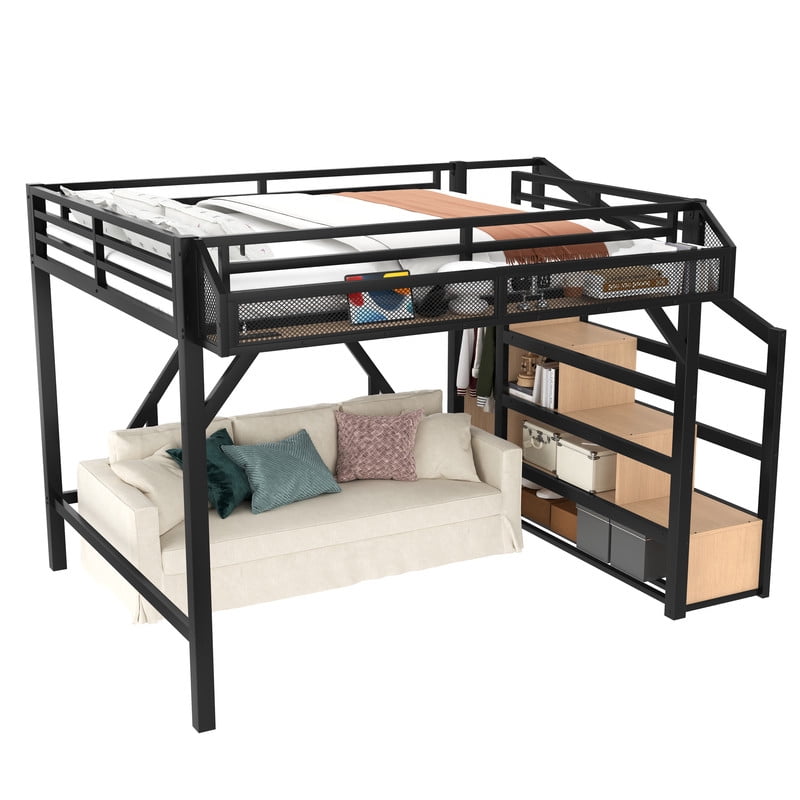 Queen Size Loft Bed with Storage Stairs,Shelves and Built-in Wardrobe, Metal Game Loft Bed Frame with USB Ports and LED Lights,Noise-reduced Design,Natural Wood