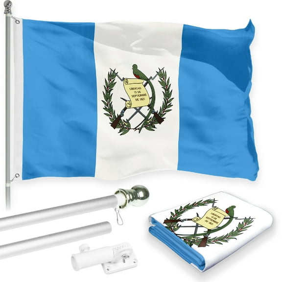 G128 Combo Pack: 6 Feet Tangle Free Spinning Flagpole (Silver) Guatemala Guatemalan Flag 3x5 ft Printed 150D Brass Grommets (Flag Included) Aluminum Flag Pole