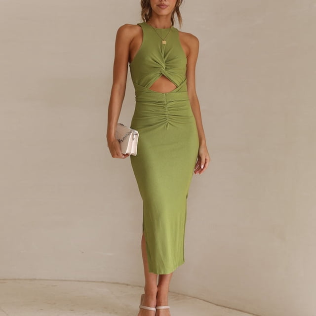 Vestido De Verano Vestido ajustado dividido para mujer, cuello redondo, verano, sexy, vacaciones, maxi vestido (verde XL) Ygjytge para Mujer Verde T XXL