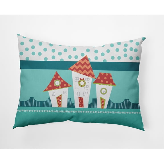 Simply Daisy Teal Colored Coastal Houses Christmas Soft Spun Polyester Indoor/Outdoor Throw Pillow, 14" x 20"