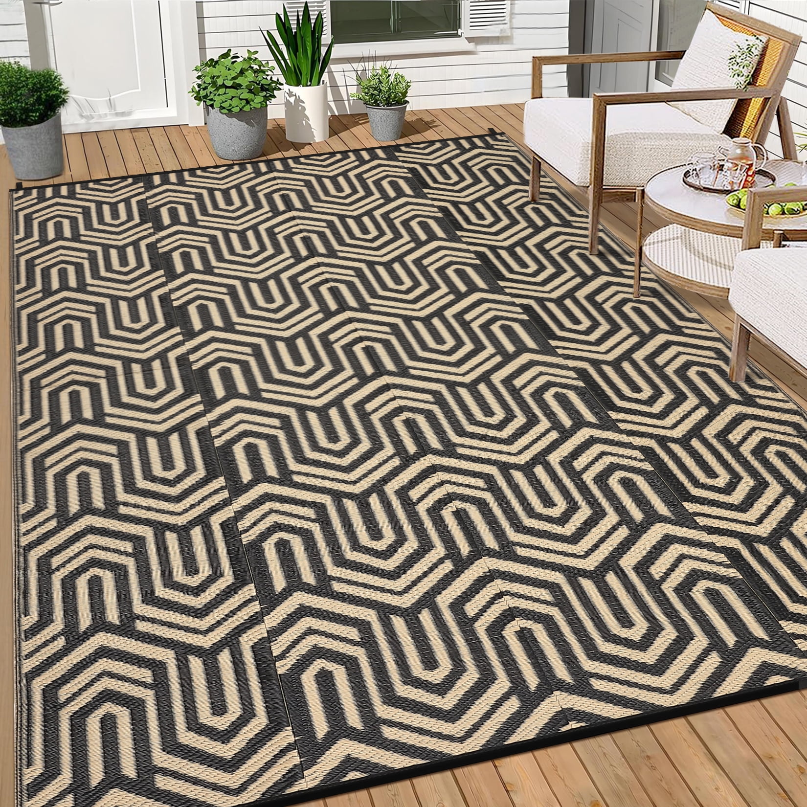 HIWEAVER 9' x 18' Black/Brown Outdoor Rug PP Plastic Straw Woven Waterproof Patio Rug with Border Portable Outside Carpet for Balcony Deck Picnic Garden Decor