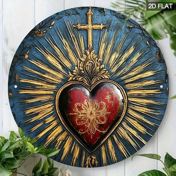 HELLOYOUNG Sacred Heart Theme Round Metal Wall Sign 7.8x7.8 Inch 2D Flat Decoration for Home Bar Seasonal Room Decor