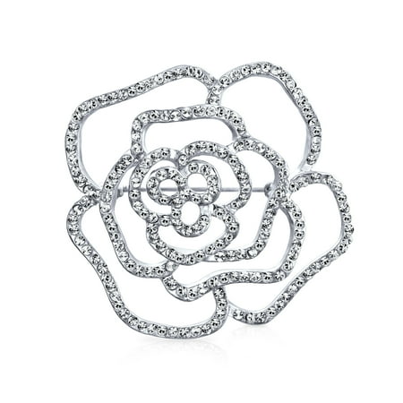 Bling Jewelry Womens Large Fashion Statement Rose Flower Brooche Pin with Sparkling Crystals Silver Tone