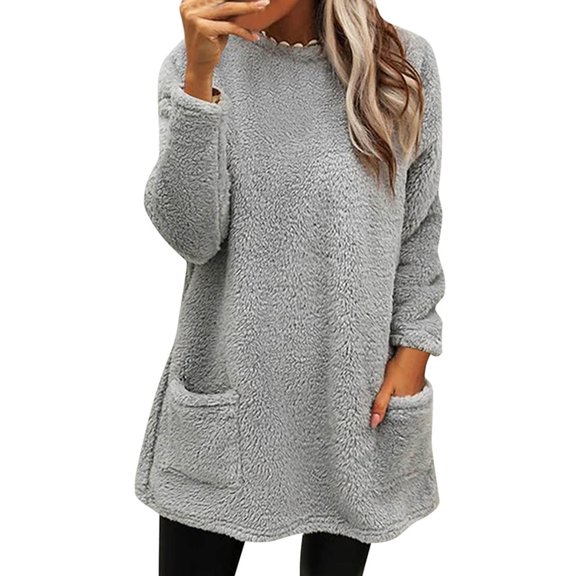 Wangmeiwg Women's Sweatshirts Women's Hoodies Sweatshirt Solid Color Casual Long Sleeve Round Neck Pocket Dress for Autumn and Winter Wear Grey S
