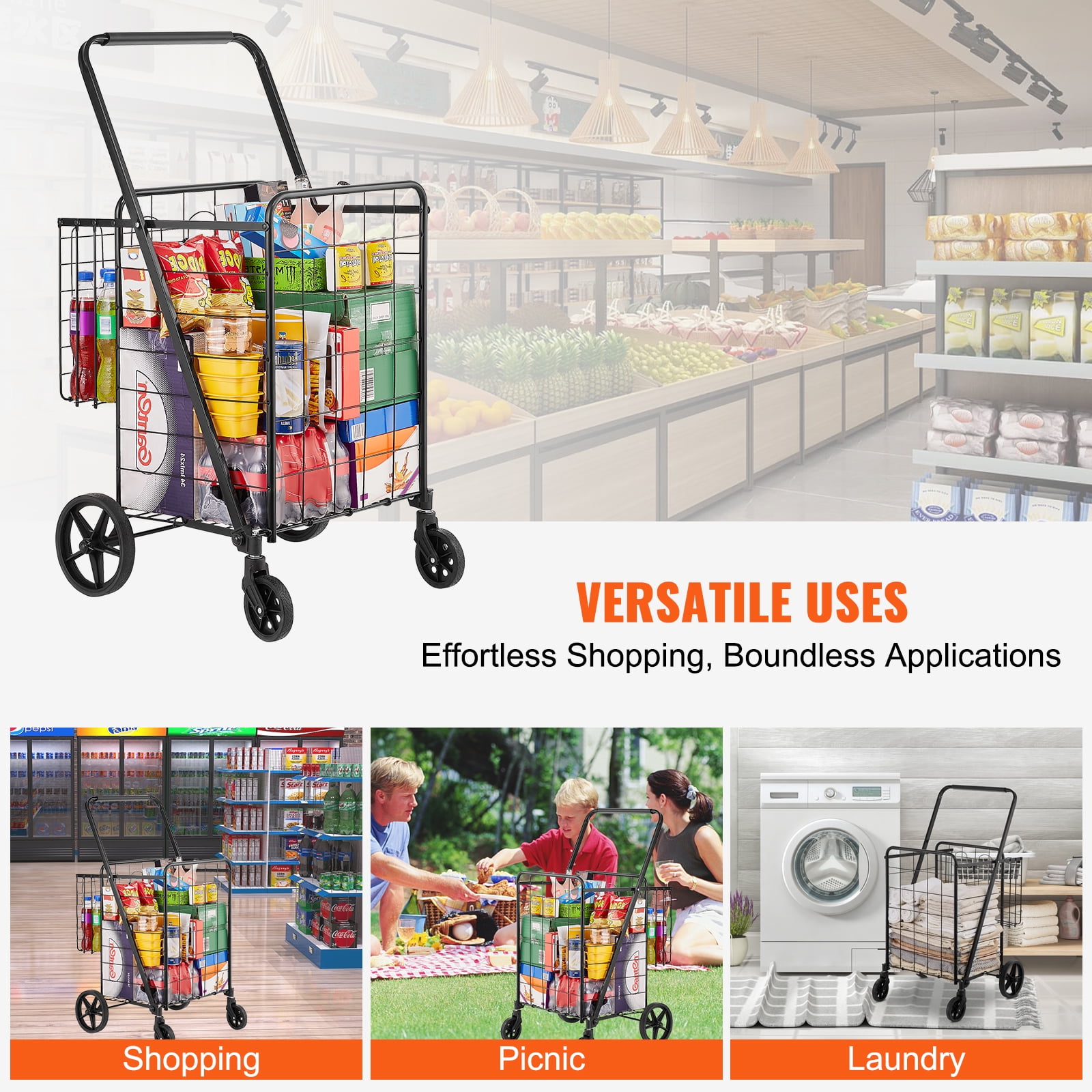 VEVOR Folding Shopping Cart 110 lbs Rolling Grocery Laundry Cart Utility Trolley with Double Baskets Swivel Wheels Adjustable Handle Black