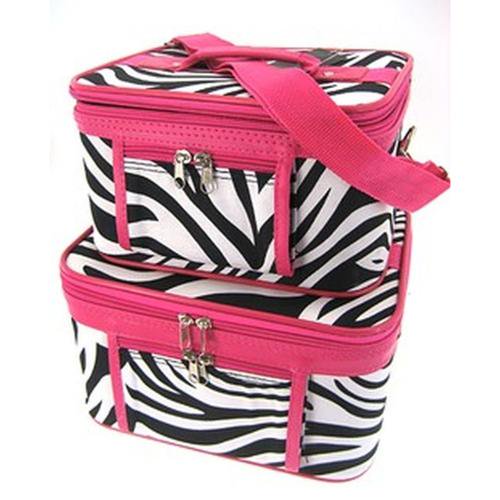 Women's Zebra Print Makeup Travel Cosmetic Train Cases Pink Trim 2
