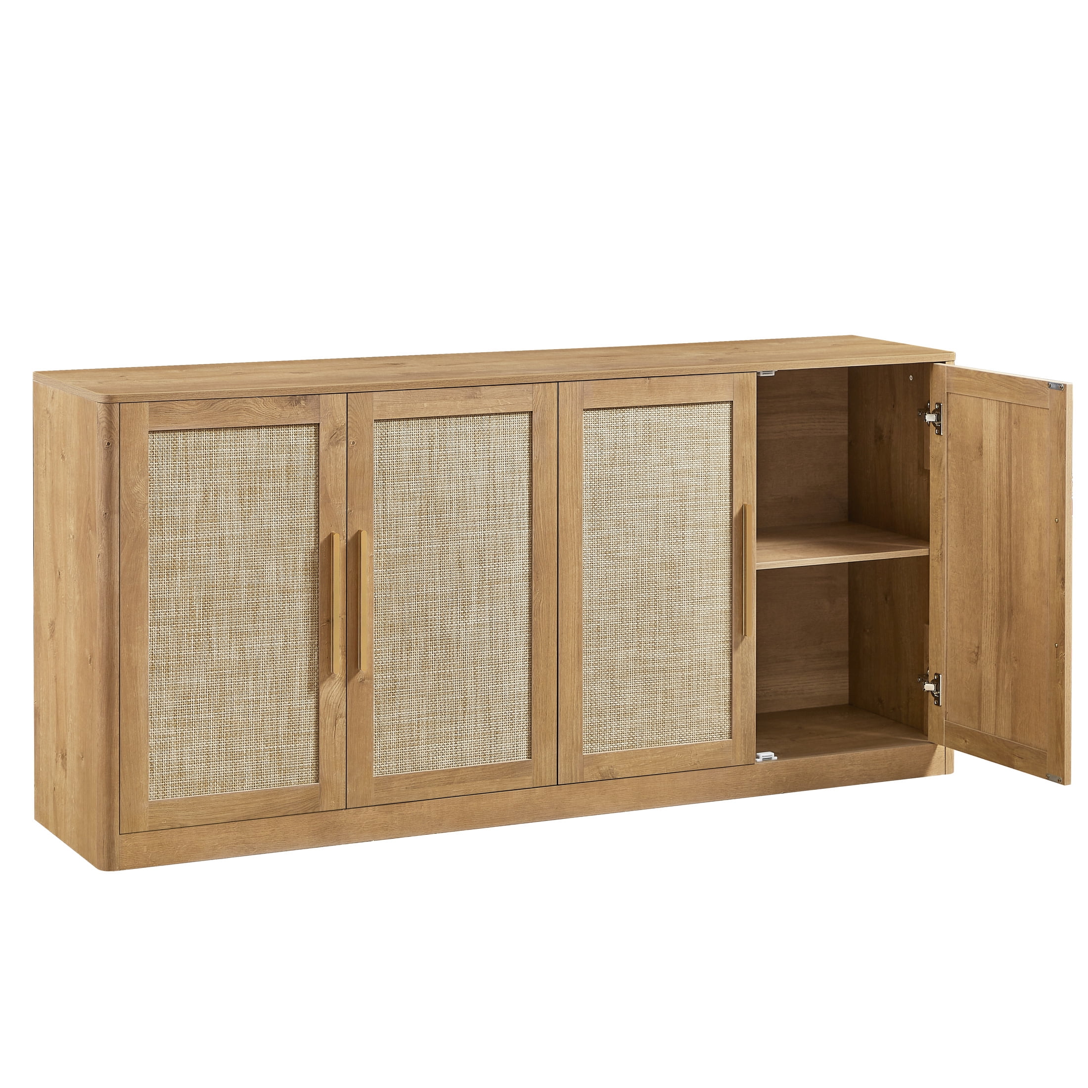 Noble House Prado 67" Rattan 4-Door Buffet Cabinet, Boho Sideboard Credenza with Gold Handles for Living Room, Caramel