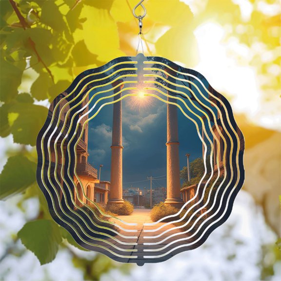 Artistic Metal Hanging Wind Spinners & Chimes - Serene Urban Scene Design with Wave - Like Border for Yard & Garden Decor