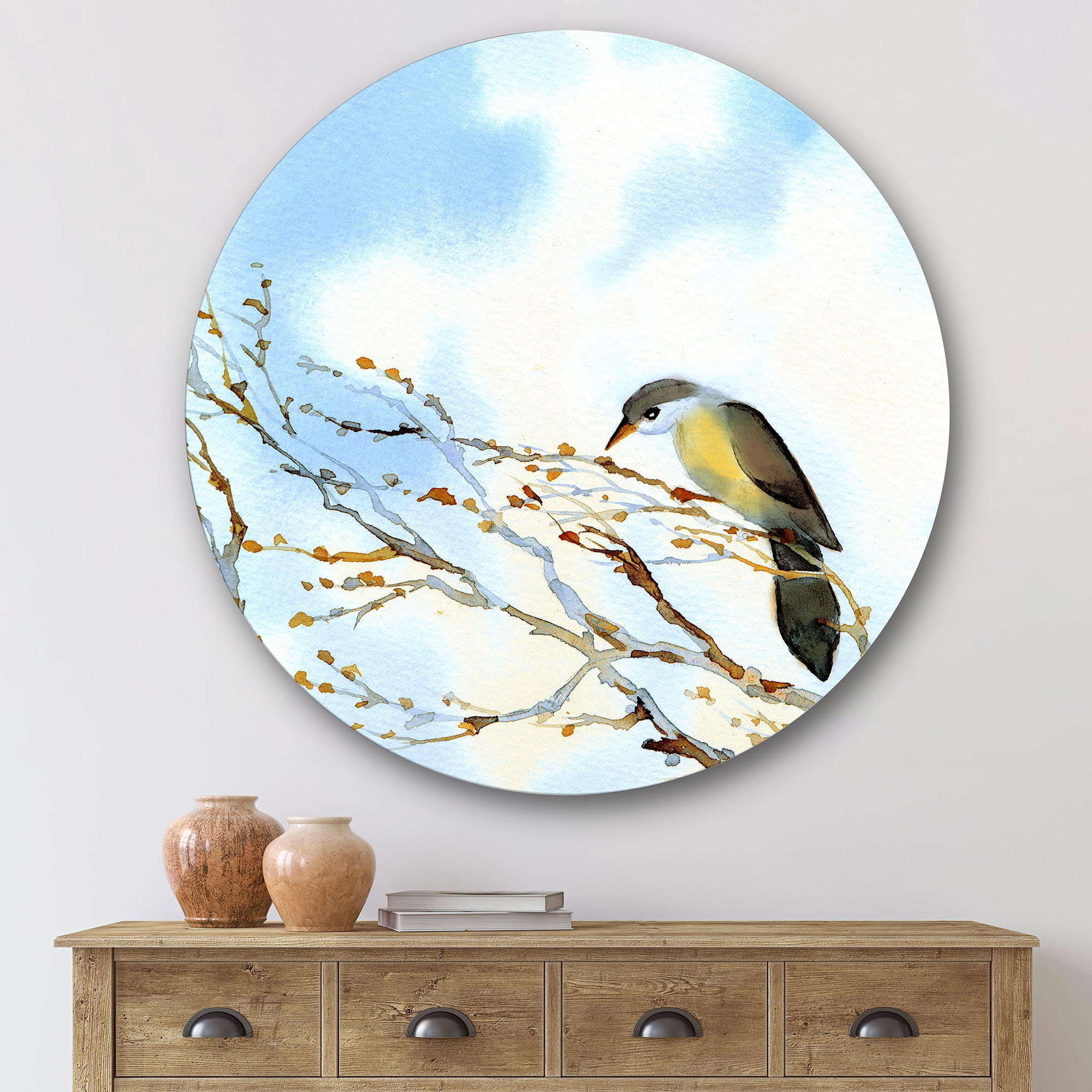 Designart 'Old Bird Sitting On Tree' Traditional Circle Metal Wall Art 29x29 - Disc of 29