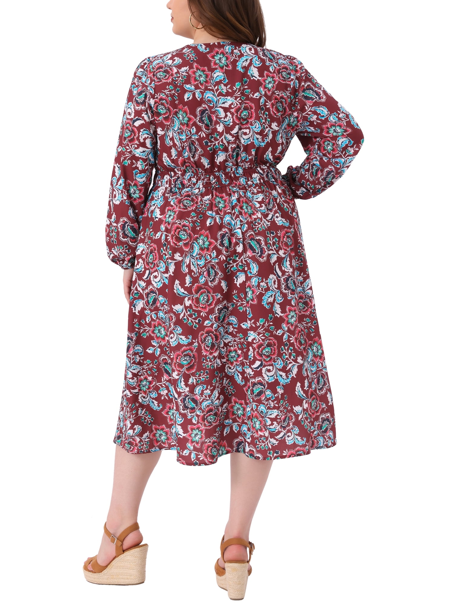 DARING DIVA Women's Plus Size Boho Floral Notch V Neck A Line Dress 1X Burgundy