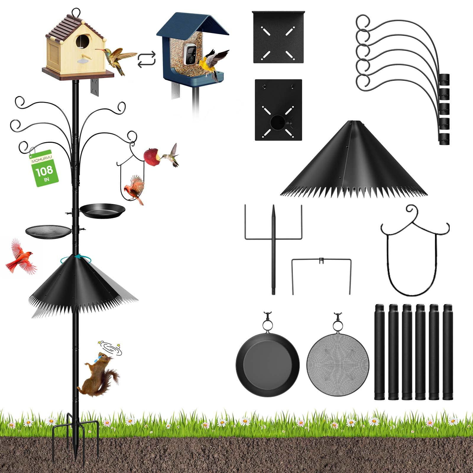 Bird Feeder Pole Squirrel Proof, 108 Inch Heavy Duty Bird House Pole, Adjustable Bird Feeder Stand with 5 Shepherds Hooks, 2 Mental Trays, Hummingbird Swing