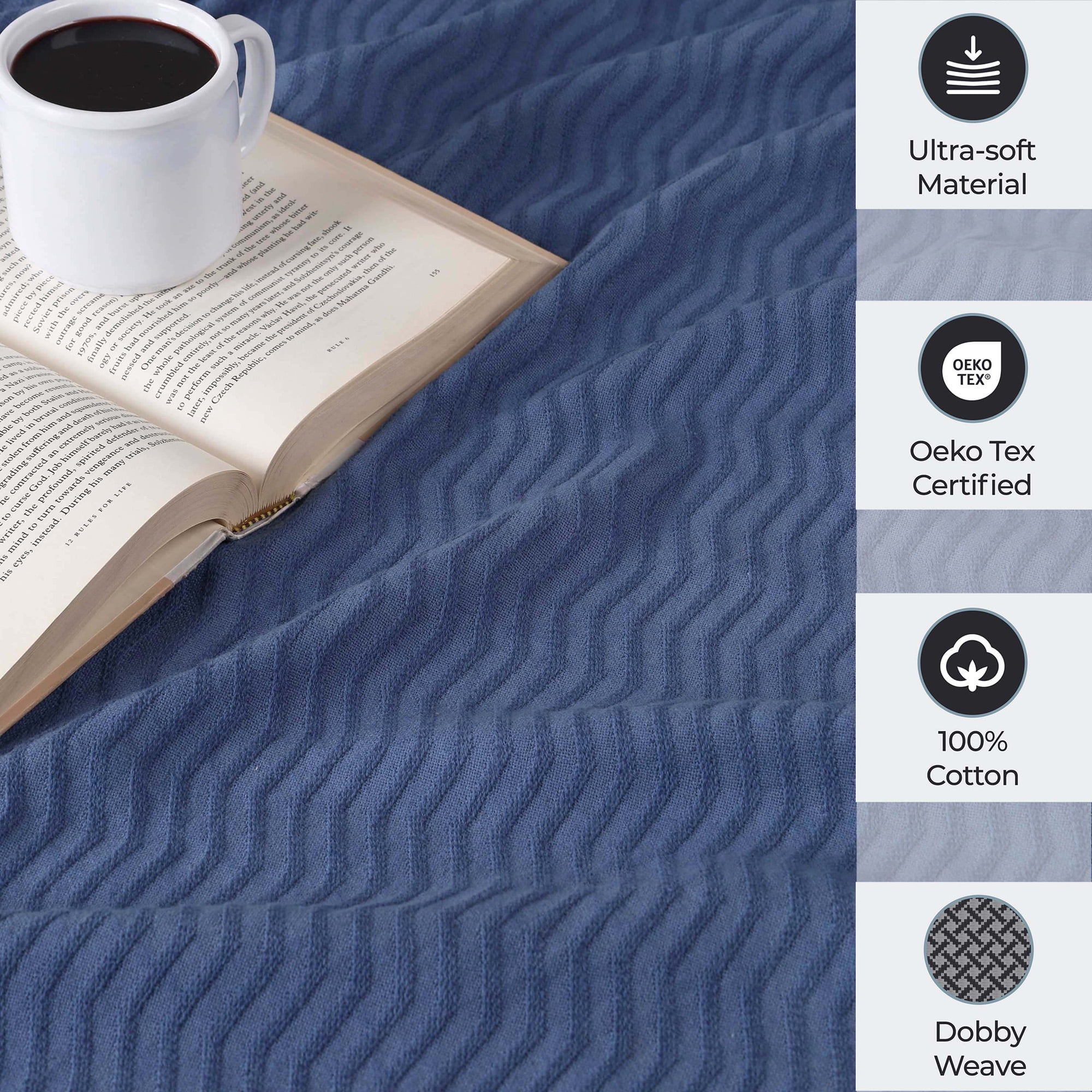 Superior Jena Cotton Textured Chevron Woven Blanket, King, Merritt Blue