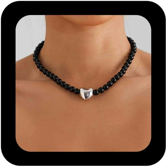 Bohemian Acrylic Black Beaded Necklace Silver Puffy Heart Choker Necklace Round Black Beaded Collar Necklaces Chunky Resin Bead Chain Necklaces Jewelry for Women