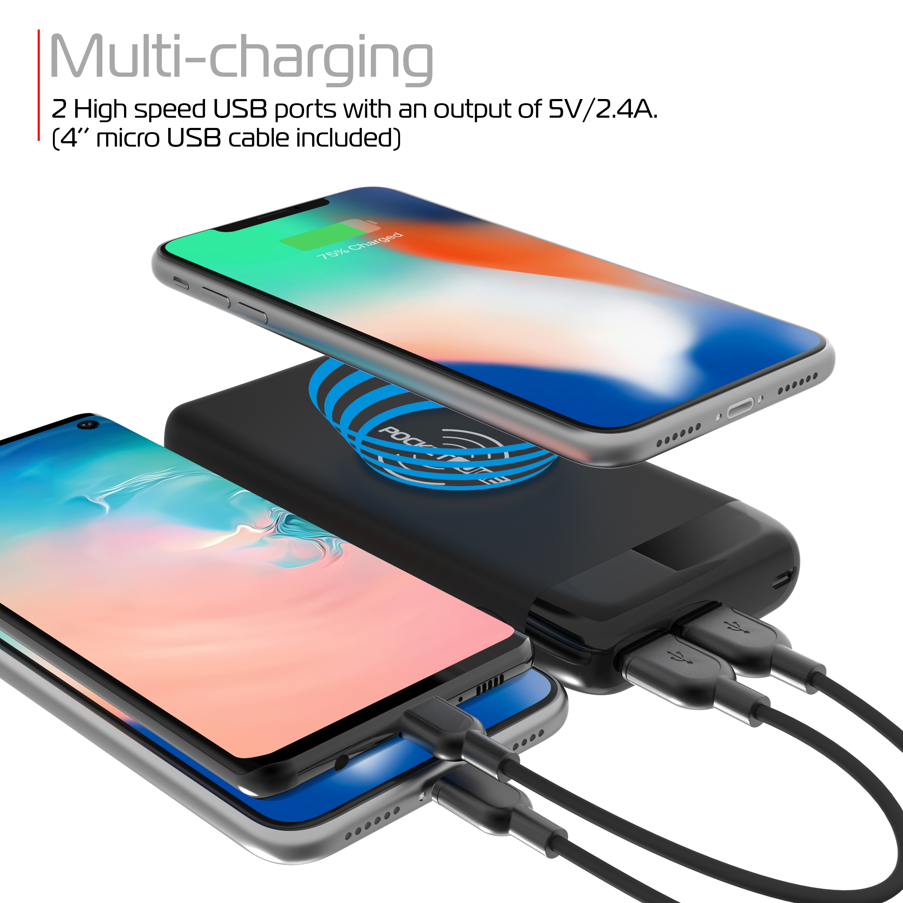 Pocket Juice 8K Qi Wireless Portable Charger - 8,000mAh Battery Power Bank with Dual-USB Ports