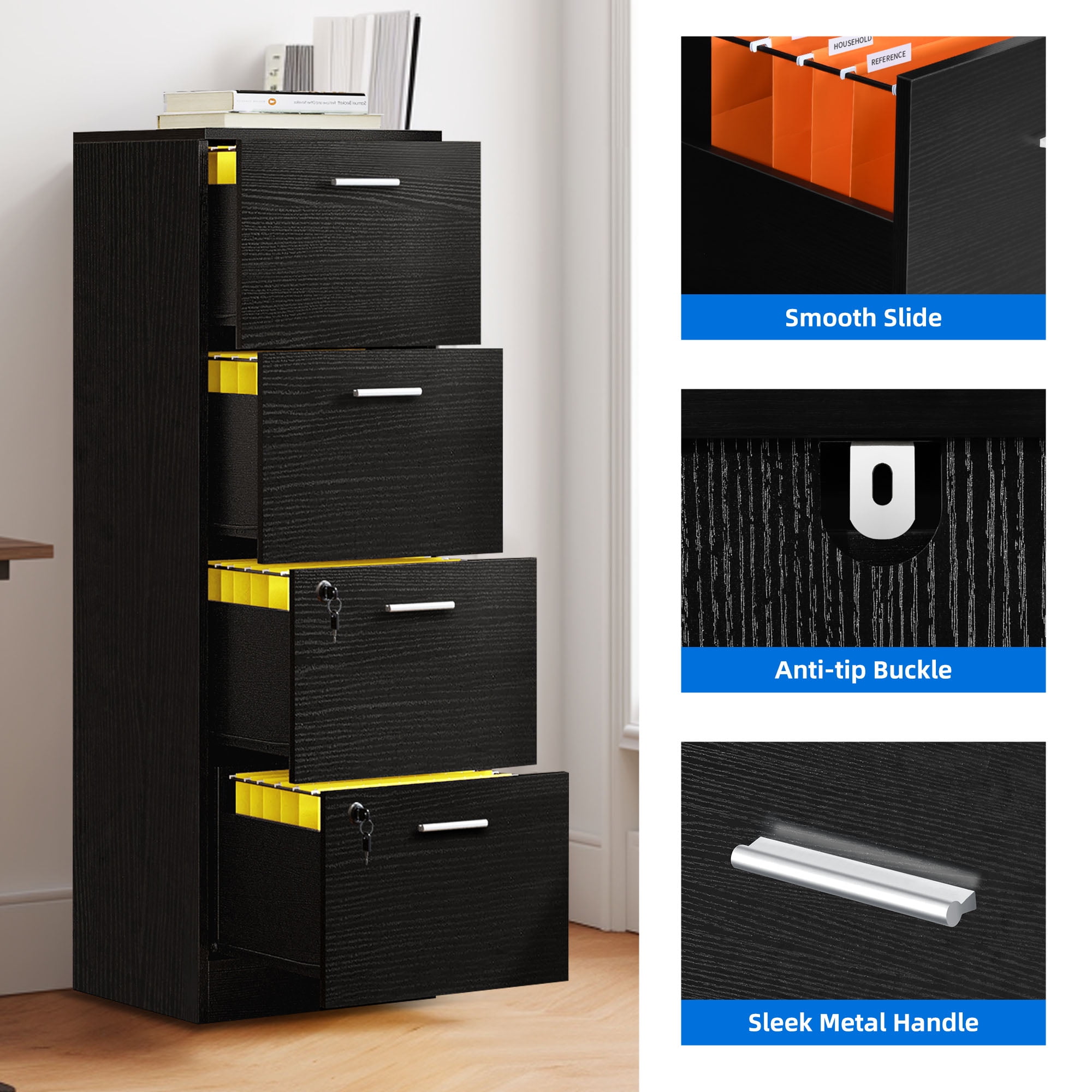 DEXTRUS 4-Drawer Wood File Cabinet with Lock,15.82" Deep Vertical Filing Cabinet for Letter A4-Sized Files, Easy to Assemble, Black