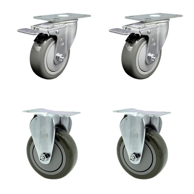 Polyurethane Swivel Top Plate Caster Set of 4 with 4 Inch Gray Wheels - Includes 2 Swivel with Total Locking Brakes and 2 Rigid - 1400 lbs. Total Capacity - Service Caster Brand