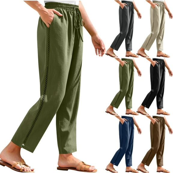 BADHUB Womens Linen Pants 2025 Cutout Side Summer Casual Beach Drawstring Elastic Waist Trousers Beige XXXL