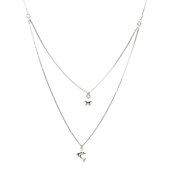 Sterling Silver One-to-two Strand Tiny Star Dolphin Charm Box Chain Necklace Italy 16" 2" Extender