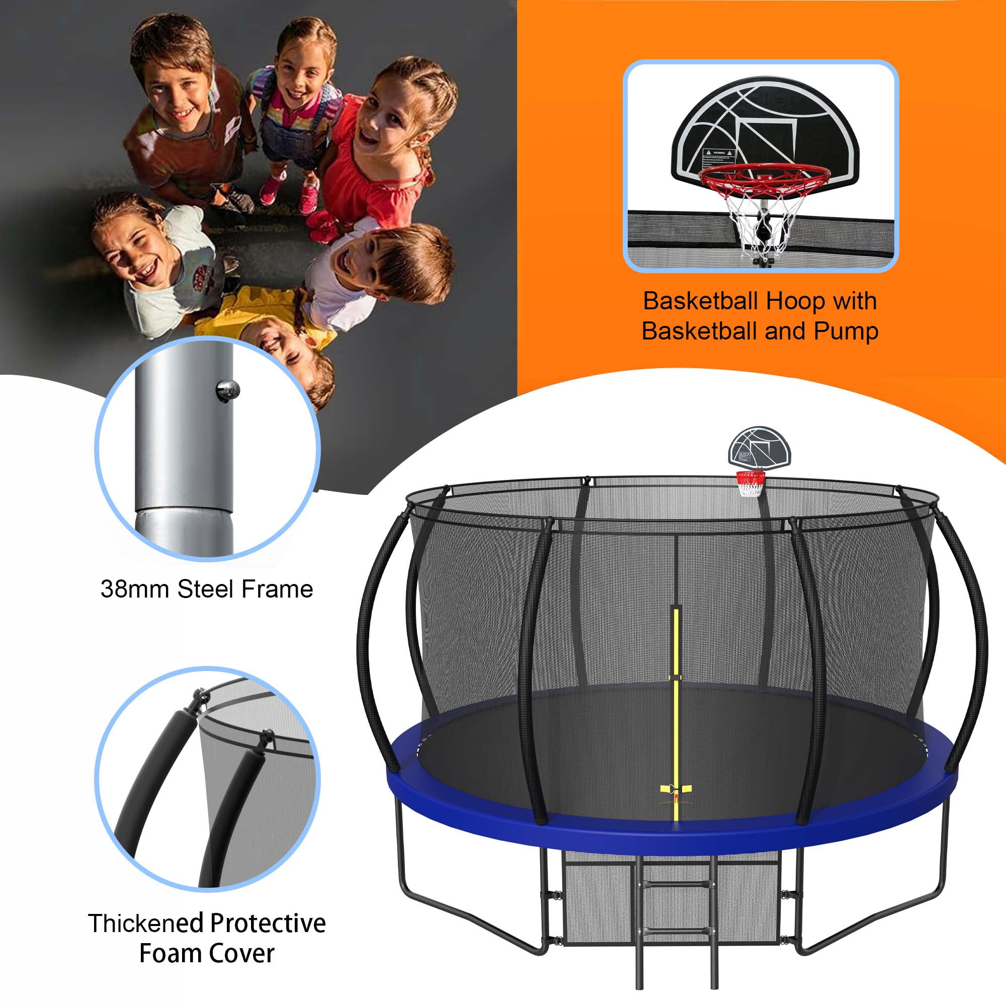 Aukfa Trampoline with Basketball Hoop, Blue, 168.11" x 168.11" x 107.87"