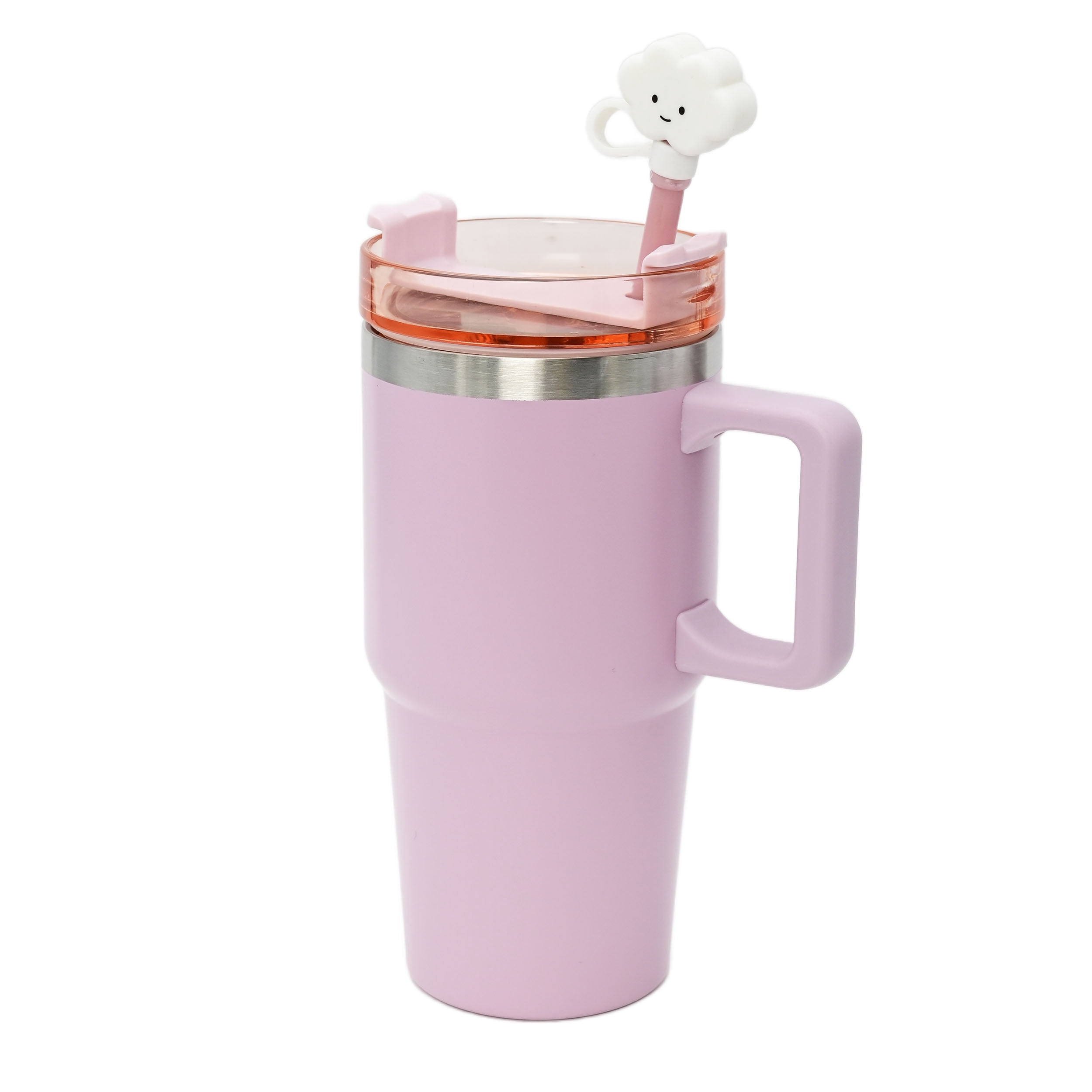 Gobelet pour enfants en acier inoxydable rose avec paille, couvre-paille nuage et 6 amovible Smiley autocollants, 20 oz