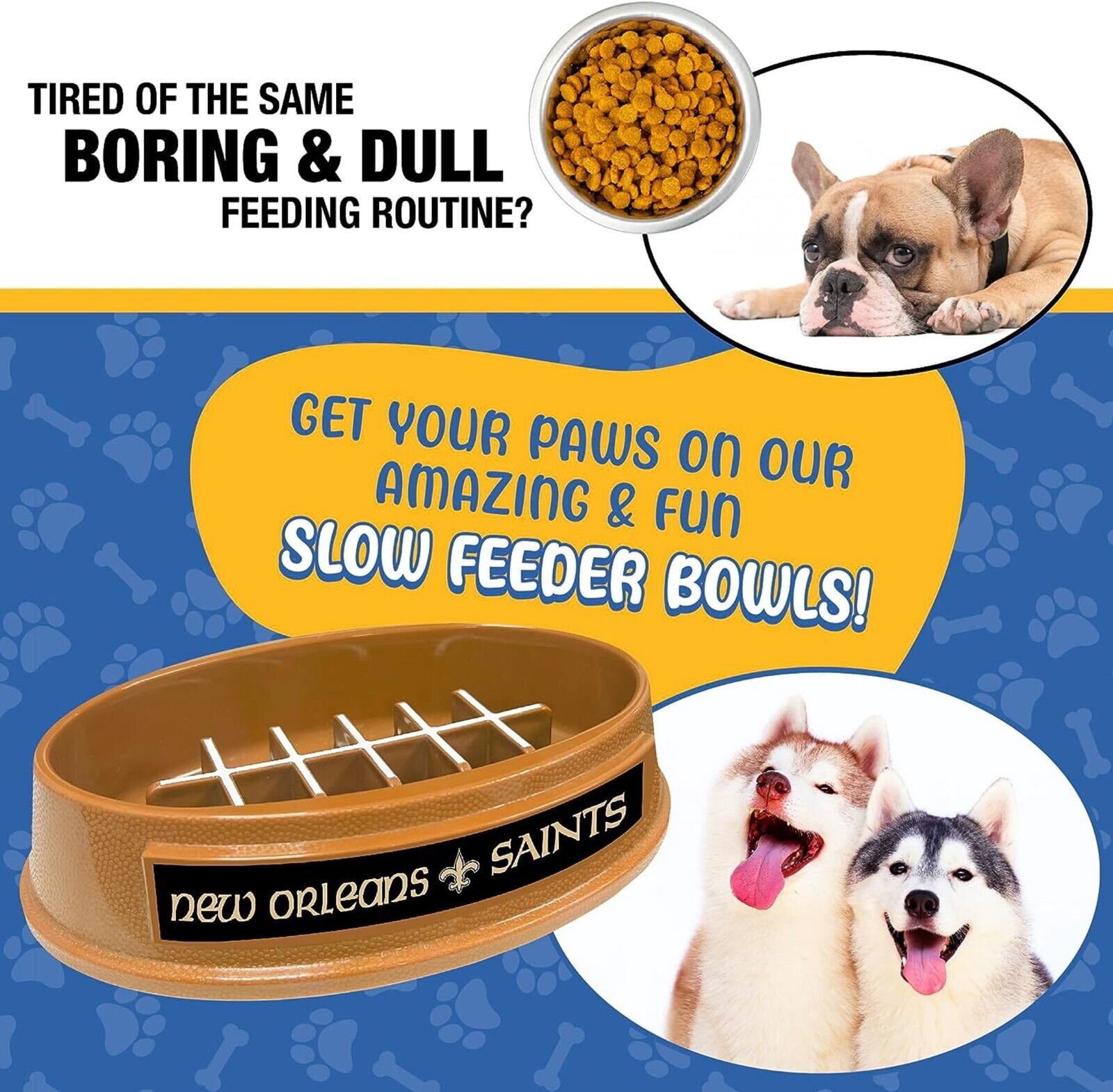 Pets First NFL New Orleans Saints Super-Bowl Slow Feeder Bowl for Dogs and Cats, Football Design for Healthy Digestion, Non-Slip, for Large & Small Pet