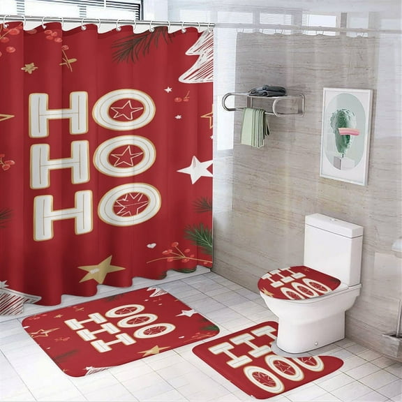 Merry Christmas Shower Curtain Set Modern Bathroom Decor Mats 4pcs Fabric Bathroom Curtain Slip Floor Rug Toilet Lid
