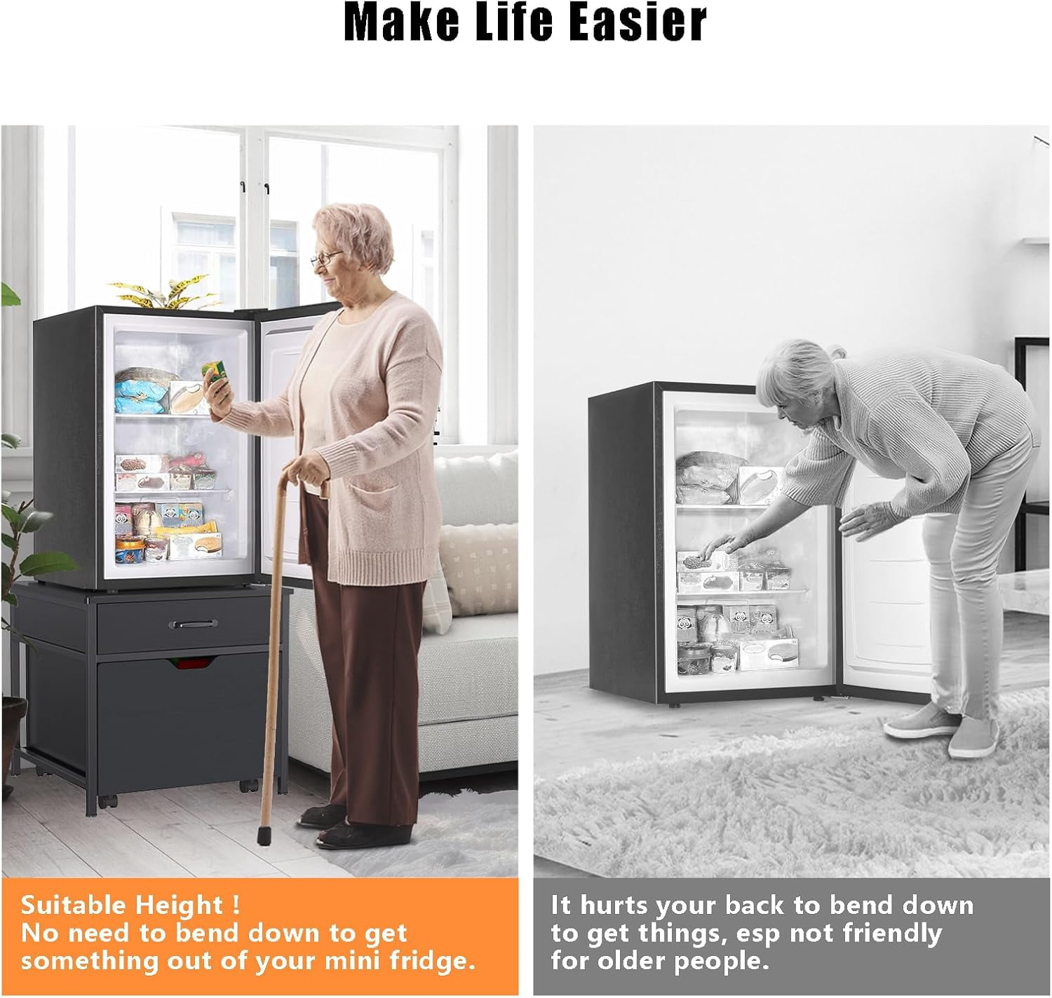 Mini Fridge Stand with Storage, Heavy Duty Mini Fridge Table with Rolling Cabinet 220LBS Capacity Tabletop for Dorm, Apartment,Office, Bedroom