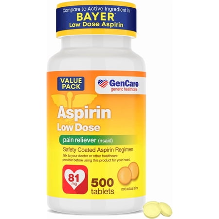 GenCare Low Dose Aspirin (NSAID) 81mg Pain Reliever for Muscle Pain, 500 Coated Tablets