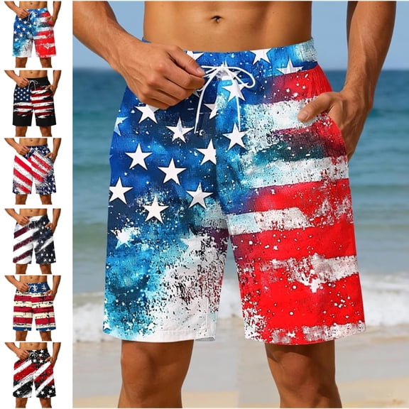 LEKWK Mens Swim Trunks Quick Dry American Flag Bathing Suit Drawstring Relaxed Fit Patriotic Shorts with Pockets July 4Th Beach Vacation Outfits