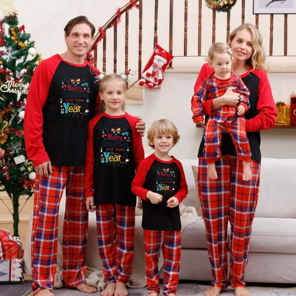 Wyobmus Family Christmas Pjs Matching Sets Christmas Pajamas Letter Print Top and Plaid Bottom Sleepwear Jammies for Family Mommy Daddy and Me Xmas Outfits for Dad