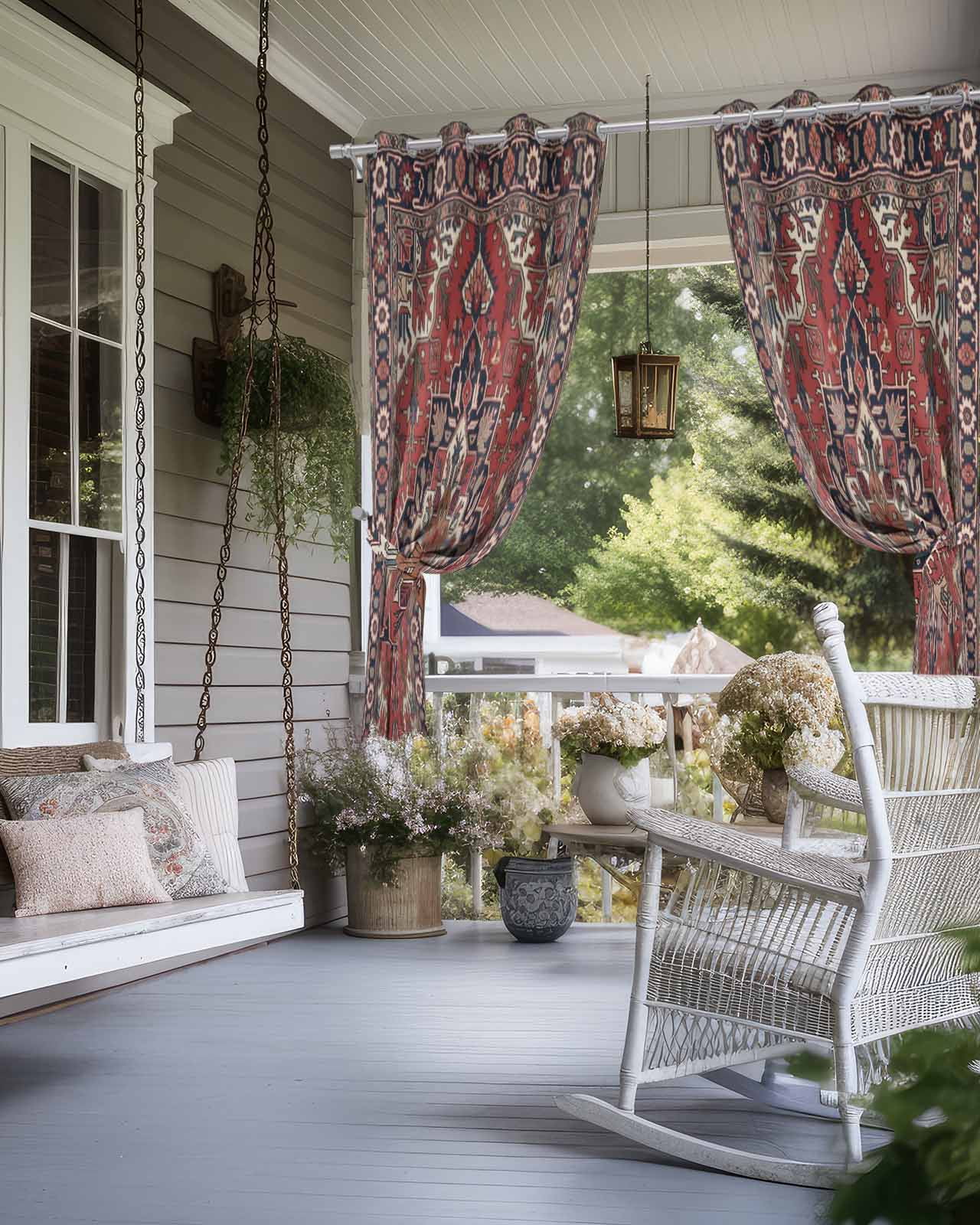 Red Boho Outdoor Curtains for Patio, Southwest Aztec Ethnic Abstract Patterned Privacy Drapes Grommet Waterproof Outside Curtains for Porch/Cabana/Balcony 54"x 84", 2 Panel