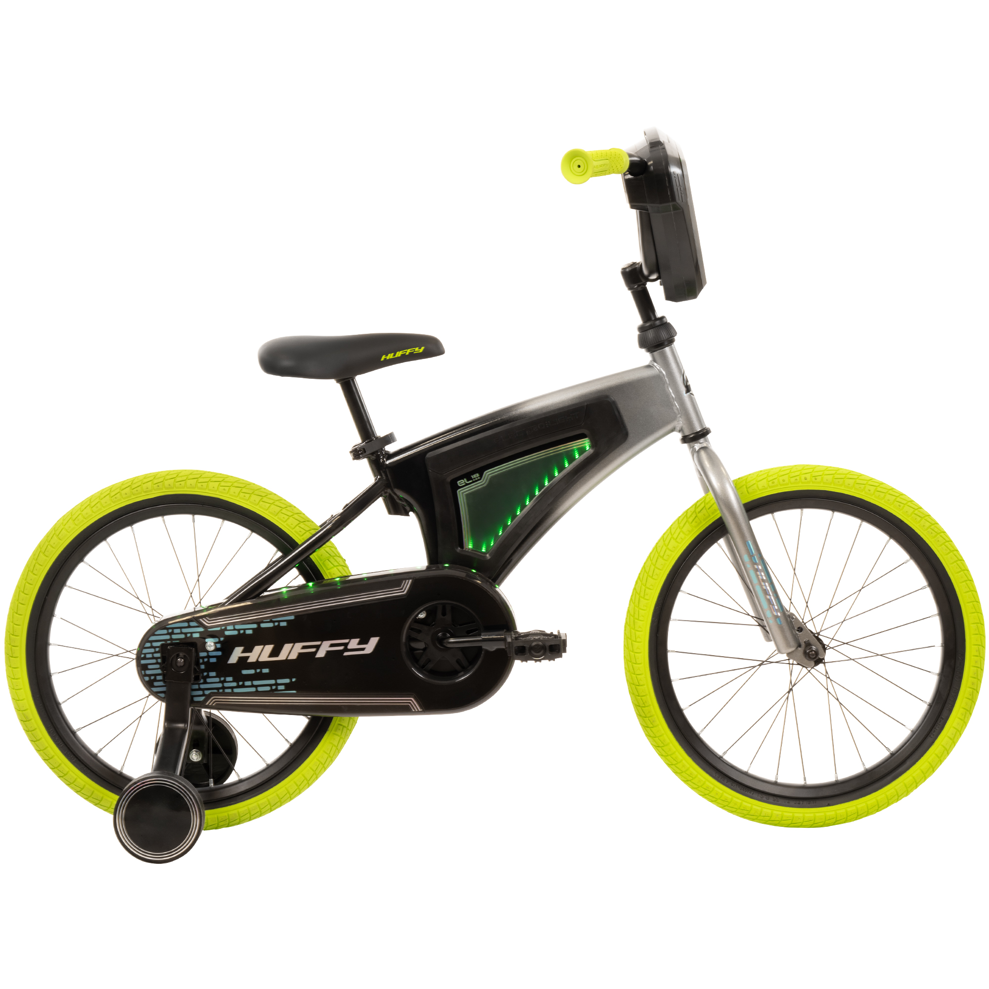 Huffy 18" Electro-Light Kids' Bike, Fits Riders 42" - 49", Grey/Green, Kids, Unisex