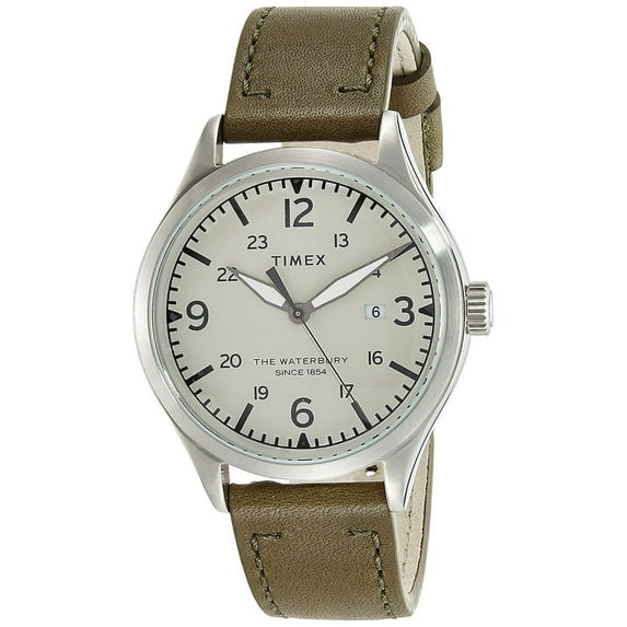 Timex TW2R71100 Waterbury Men's Analog Round Steel Watch Green Leather Strap