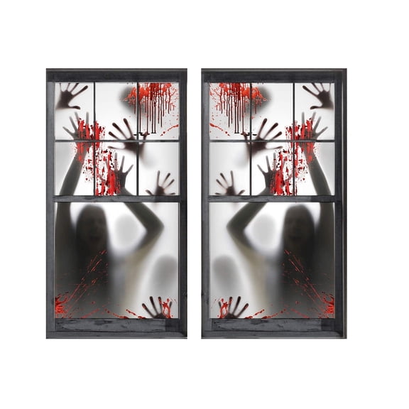 2 Pack Halloween Window Curtain Decals 2 Hanging Ropes Bloody Halloween Decorations Spooky Silhouette Clings for Haunted House Party Indoor and Outdoor Use