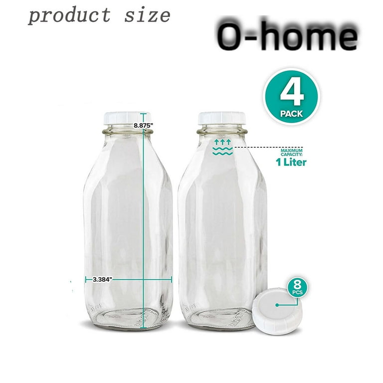 Glass Milk Bottles with 8 Caps (4 pack) - Food Grade Milk Jars with Lids -  Dishwasher Safe - Bottles for Milk, Buttermilk, Honey