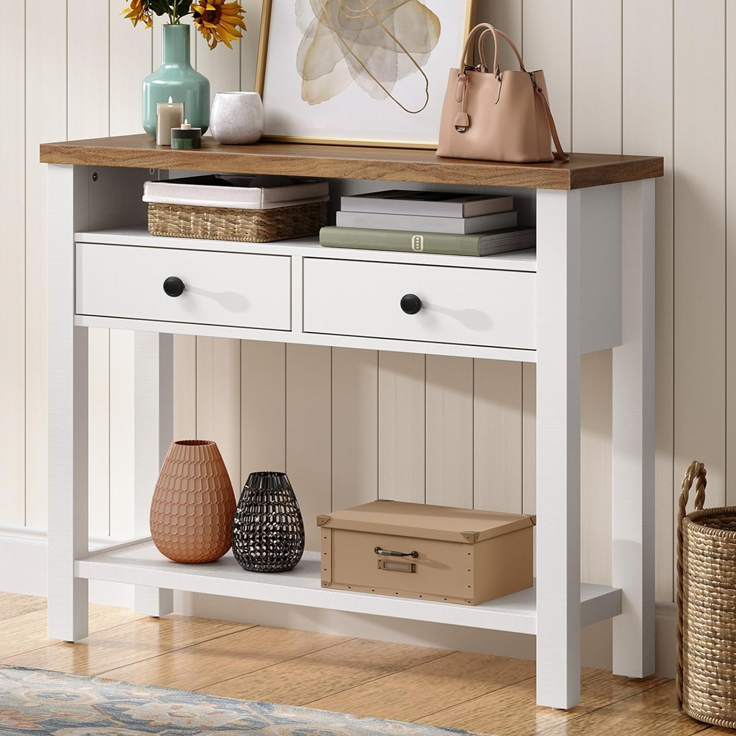 HOOBRO Farmhouse Entryway Table with 2 Drawers, White and Walnut