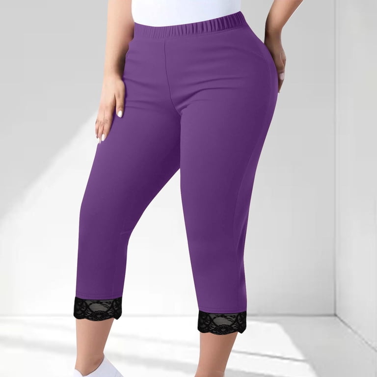 Plus Size Lace Leggings for Women, High Waisted Cropped Leggings Stretch  Lace Capris Soft Tights Yoga Pants Purple XXL