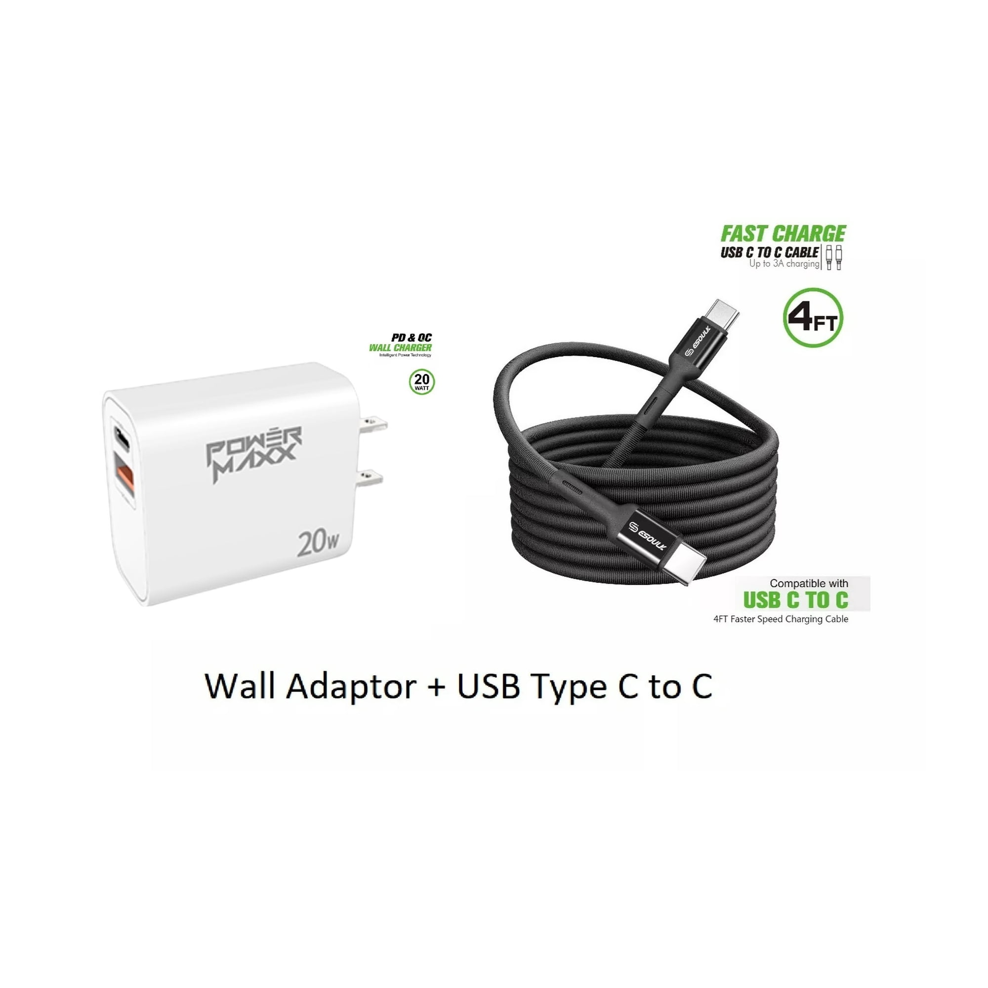For Samsung Galaxy S24 Ultra SM-S928 Black 18W Fast Home Wall Travel Charger + 4FT Type C to C USB Cable