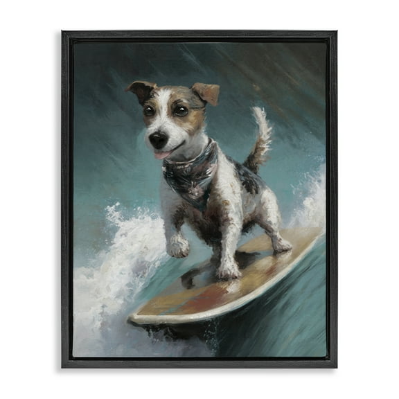 Stupell Industries Beachy Surfer Dog Animals Painting Black Floater Framed Canvas Art Print Wall Art, 17 x 21
