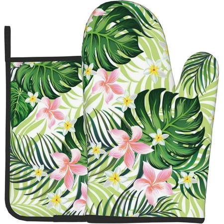 

Sunyuer Tropical Exotic Palm Flowers Printed Oven Mitts and Pot Holders 2 Pcs Sets Heat Resistant Oven Gloves Potholder for Kitchen Cooking Baking Decoration