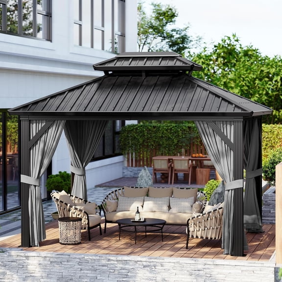 Hardtop Gazebo, 10x12 Ft Aluminum Frame Gazebo with Galvanized Steel Double Roof, Curtains and Netting, Outdoor Canopy Metal Permanent Pavilion for Garden Patio Deck Backyard