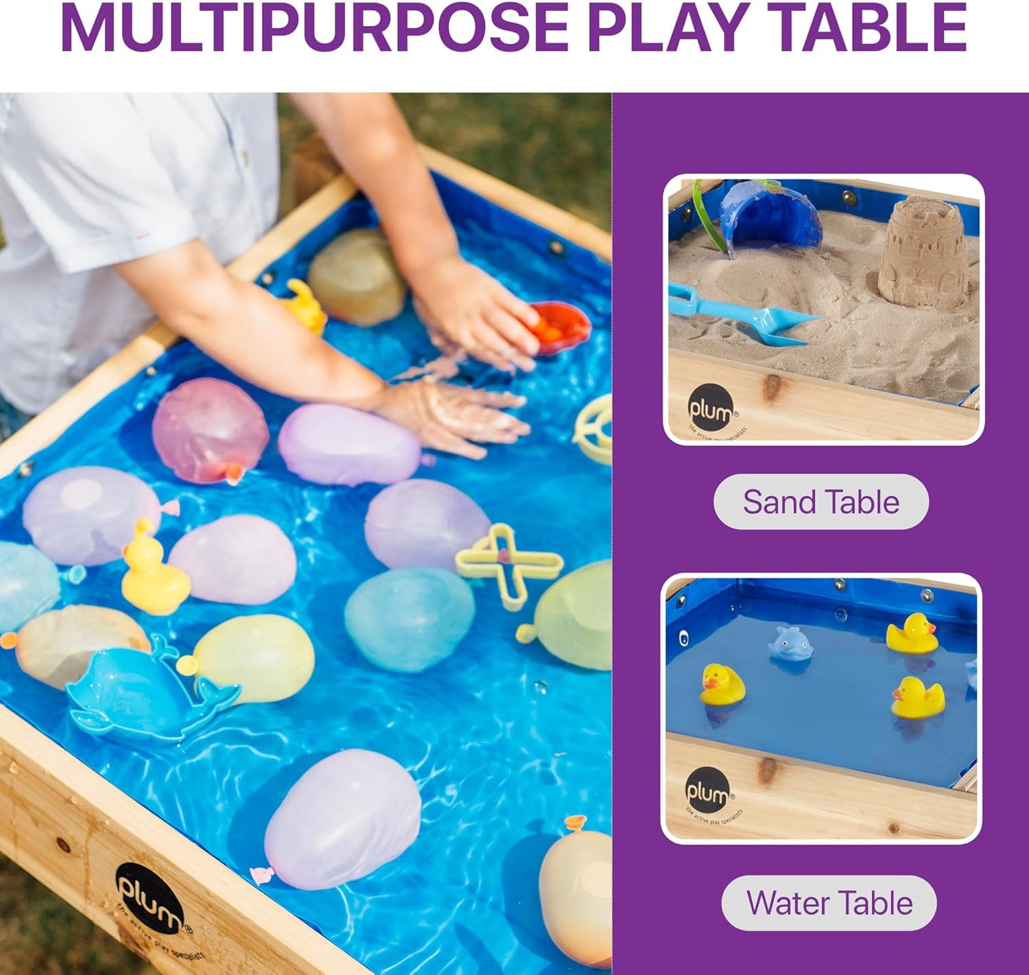Plum® Wooden Sand and Water Table with Cover - Toddler Sensory Toys, Summer Outdoor Games for Kids, Backyard Build & Splash Activity, Sturdy Sandbox Playset, Weatherproof, Easy to Clean, Age 2+ Years