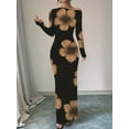 thumbnail image 5 of Women'S Fall Spring Fashion Long Sleeve Floral Print Tight Fitted Party Club Ruched Maxi Dresses Yellow Flowers M, 5 of 7