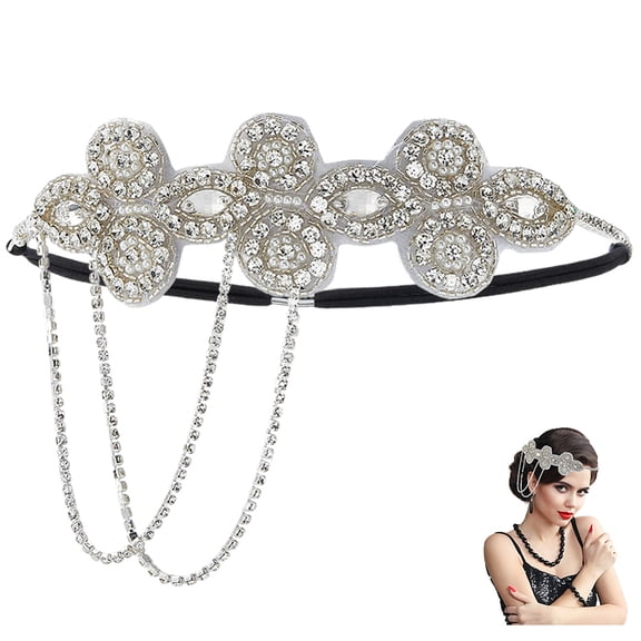 1Pc Silver Flapper Headband 1920s Great Gatsby Headpiece Rhinestone Pearl Flower Tassel Chain Vintage Hair Accessories DIY