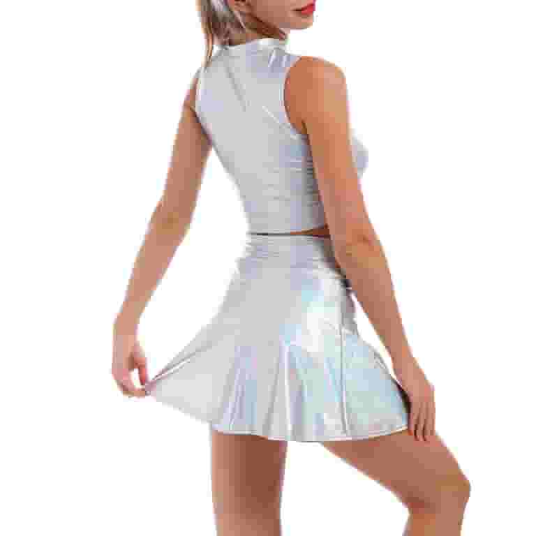 Women's 2Piece Metallic Outfit Shiny Off Shoulder Crop Top