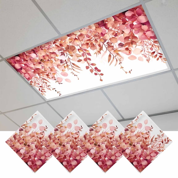 Red Eucalyptus Leaves Fluorescent Light Covers, Spring Floral Summer Botanical Magnetic Light Covers for Ceiling Lights, Fluorescent Ceiling Shade Filters for Classroom Bedroom Office 4x2Ft x 4PCS
