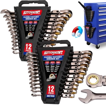 24-Piece Flex-Head Ratcheting Wrench Set | Metric and SAE | Ratchet Combination Wrenches Set with Organizer | 72-Teeth | Chrome Vanadium Steel | 8-19 mm & 1/4” to 7/8“