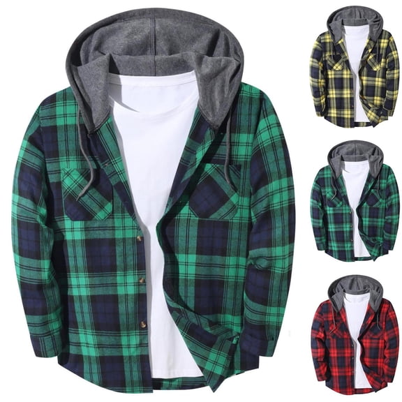 Sevevn Men Plaid Hooded Shacket Button Front Regular Fit Flannel Fabric Green Navy Check Dual Chest Pockets Drawstring Hood Long Sleeve For Daily Casual Wear